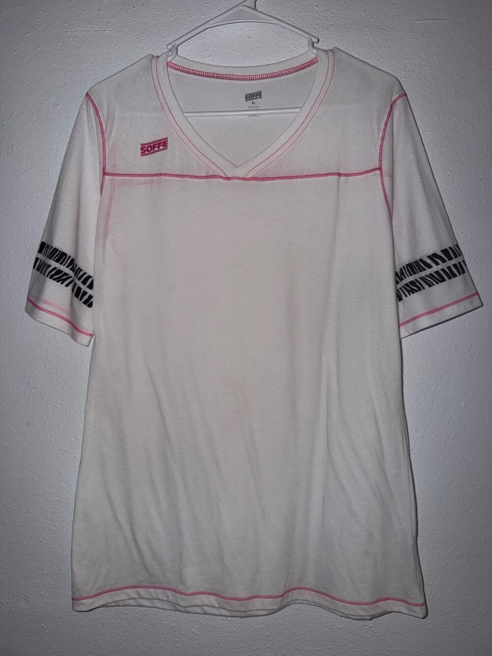 Soffe White Black Raglan Short Sleeve Sporty V-Neck T-Shirt Pink Trim Size XL
